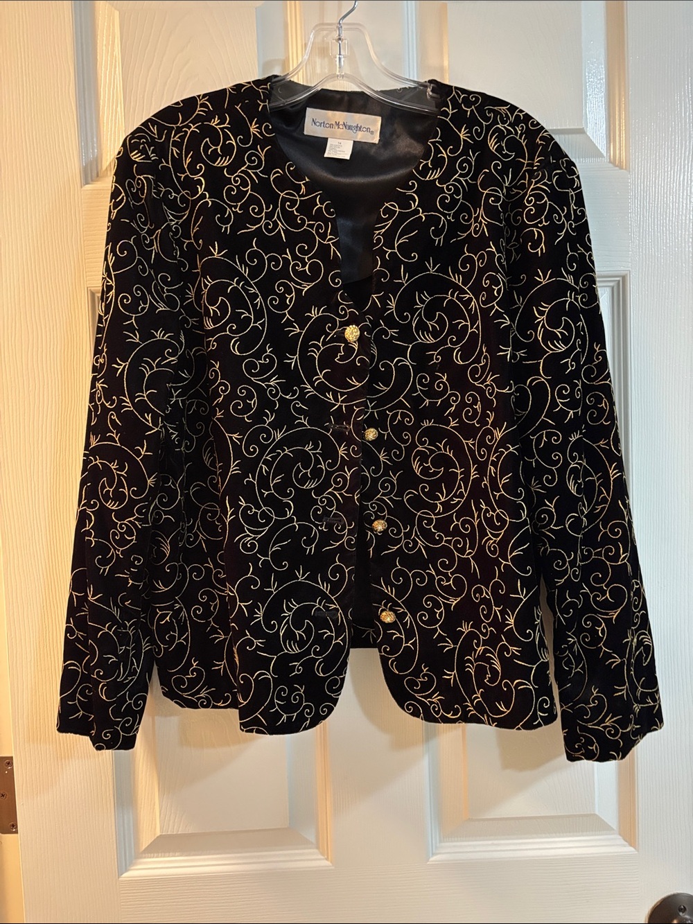 Norton McNaughton Black Velvet Jacket with Gold Scroll Embroidery